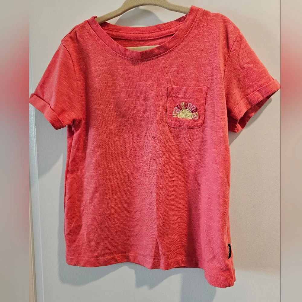xs 5/6 Eddie Bauer orange red tshirt cuffed sleeves chest pocket embroidered sun